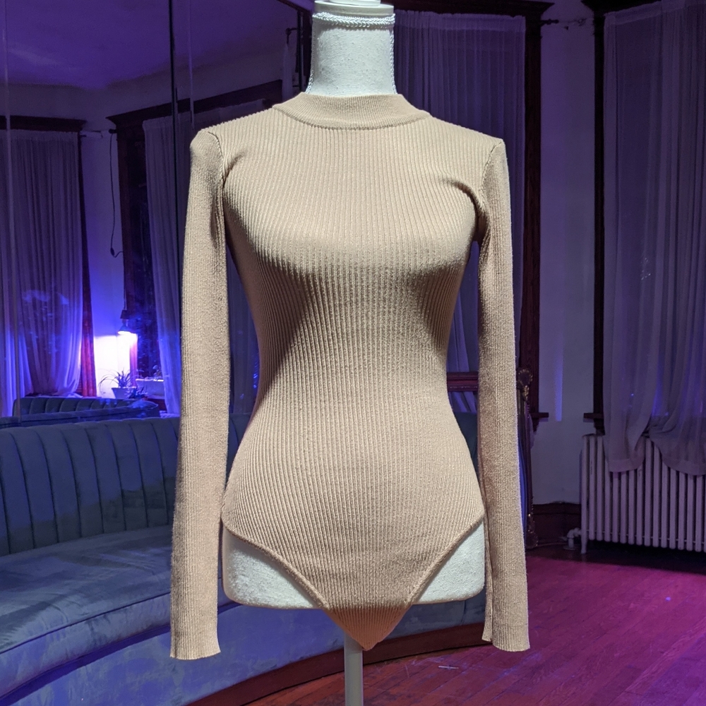 Ribbed Knit Mock Turtleneck Long Sleeve Bodysuit